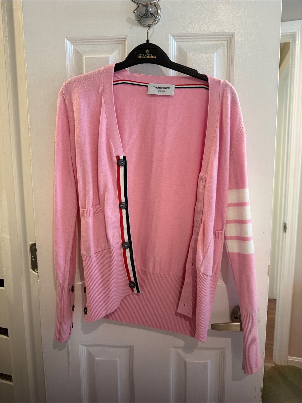 Thom Browne Pink Striped Sleeve Wool Cardigan with Signature Trim WITH REPAIR